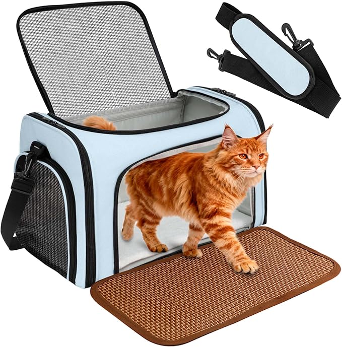 Cat Carrier Dog Carrier - Soft-Sided Cat Carrier with Plush Pad & Cooling Mat, Easy-Load 4-Side Zipper & 3-Side Mesh Ventilation, Pet Carrier Airline Approved for Cats/Dogs Up to 16 lbs, Blue