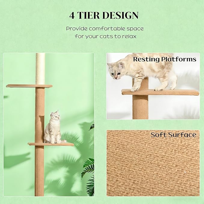 Floor-to-Ceiling Cat Tree, 17x10.8x102.3 Inches, All Breed Sizes, Climbing and Jumping, Particle Board, Floor Mount, Light Brown