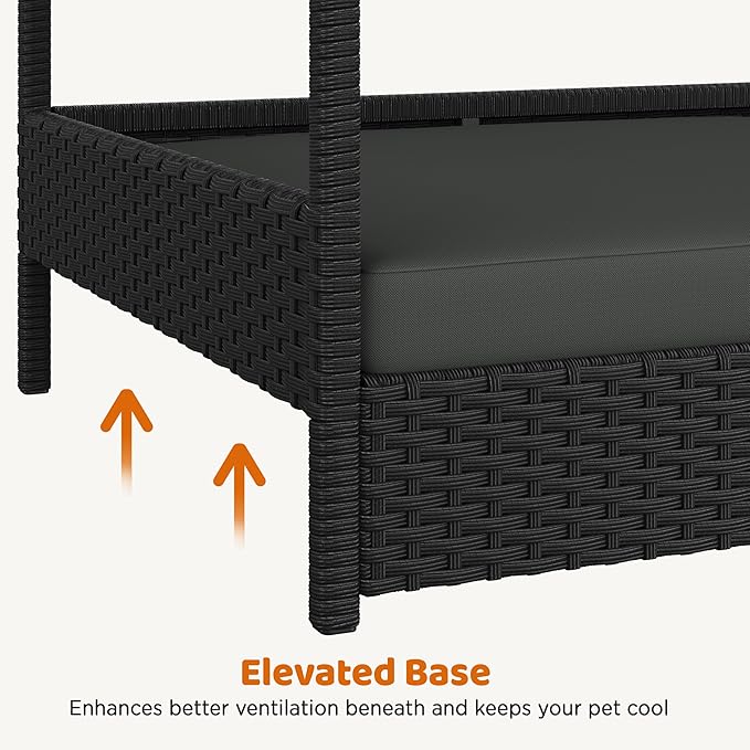 Yaheetech Wicker Dog House Outdoor Indoor with Canopy, Elevated Dog Shelter Dog Bed with Cushion for Small/Medium Dogs, Shade for Deck, Patio, Yard, Pool, Black House, Gray Cushion
