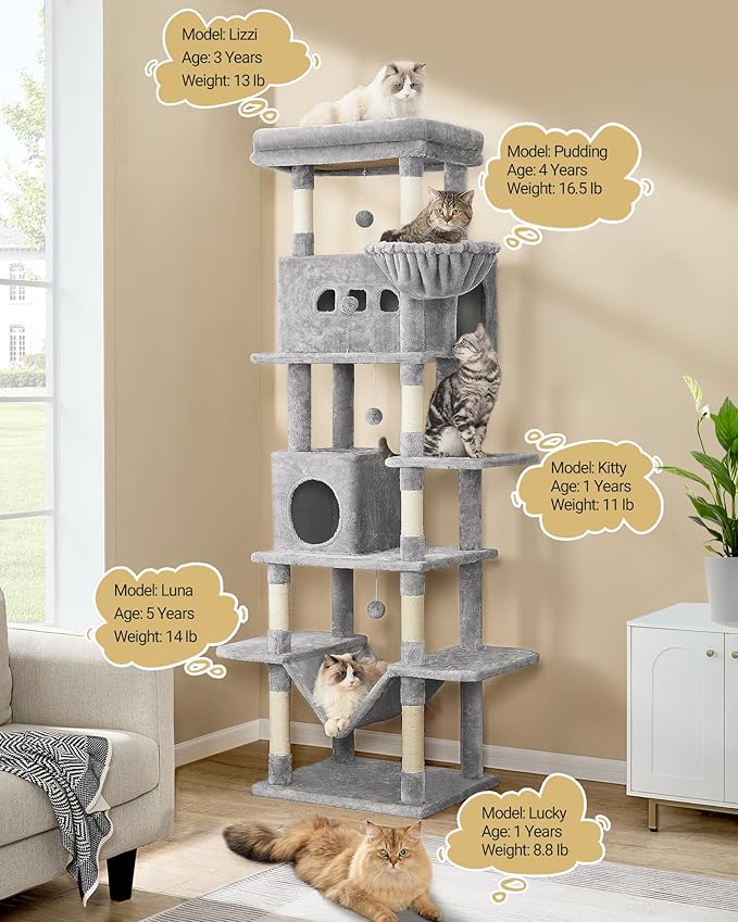 Cat Tree,82.6" Large Cat Tower for Indoor Cats, Multi-Level Cat House with Condo, 8 Scratching Posts, Hammock, 4 Pom Poms, Light Grey MS21018LG