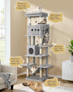 Cat Tree,82.6" Large Cat Tower for Indoor Cats, Multi-Level Cat House with Condo, 8 Scratching Posts, Hammock, 4 Pom Poms, Light Grey MS21018LG