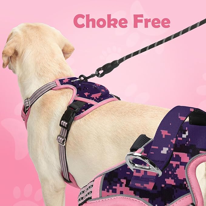 Funfox Dog Harness No Pull, Adjustable Pet Vest Harness, Super Soft Material with Vertical Handle Easy Control, Reflective Night Walking, 2 Leash Clips for Large Dogs, Mosaic Pink, L