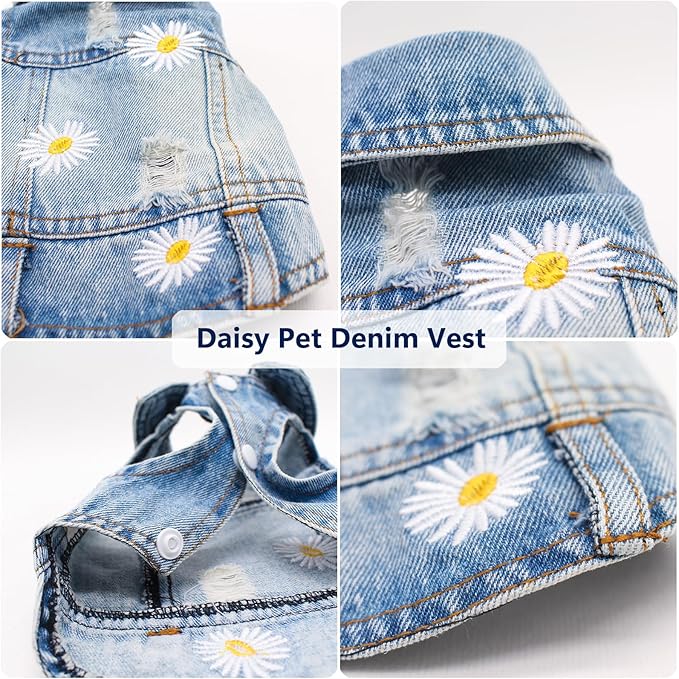 Pet Clothes Vintage Denim Dog Jacket with Daisy Embroidery - Puppy Stylish Pet Coat for Chihuahua, Yorkie Small Breeds - All-Season Comfort (Light-Blue,X-Small)