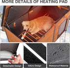 59.1’’ Extra Large Heated Dog House Outdoor for Winter, Insulated Dog Kennel with Metal Frame, Weatherproof Dog Shelter with Heating Pad and All-Around Insulated Liner for Large Breed Outside (Brown)