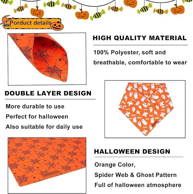 ADOGGYGO Halloween Dog Bandana, Spider Web Ghost Pet Scarf, Premium Durable Fabric, Orange Halloween Bandanas for Extra Large Dogs Pets (X-Large)
