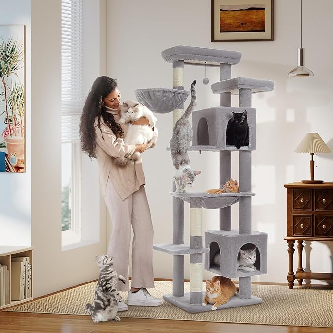 PETEPELA 69" Tall Cat Tree for Indoor Large Cats, Cat Tower for Adult Cats with Big Hammock, Cat Climbing Tree Tower with Scratching Posts, Condo House and Large Top Perch, Grey