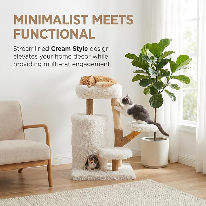 35" Multi-Level Cat Tree with Durable Sisal-Wrapped Posts, Dual Enclosed Condos, Cushioned Perches, and Removable Plush Cover,White