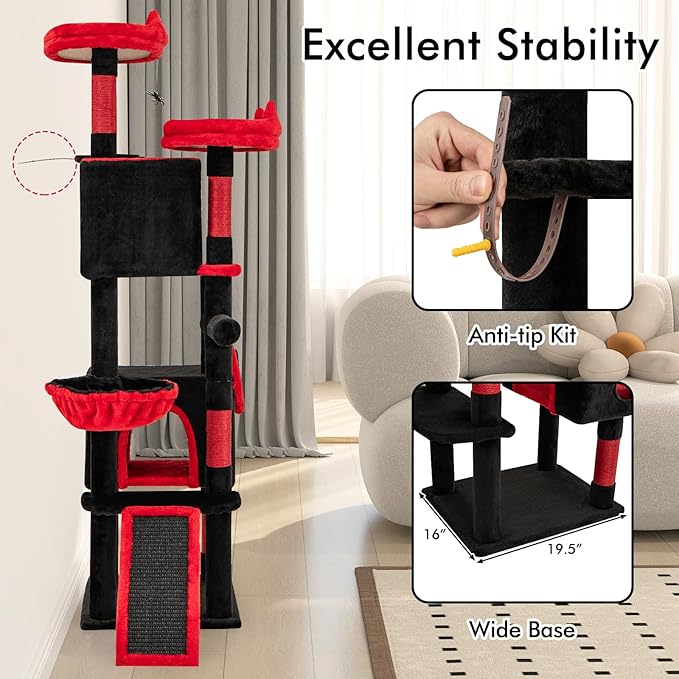 PETSITE 62-inch Gothic Cat Tree, Multi-Level Goth Coffin Cat Tree Tower with Sisal Scratching Posts, Board and Ladder, Basket, Condos, and Hanging Spider Toys, Ideal for Indoor Cats, Black & Red