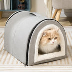 Hollypet Cat Bed Self-Warming 2 in 1 Foldable Kitty Cave Hut House Nest Pet Sleeping Bed, Linen Pet Condo for Indoor Cats, Gray Arched Cave