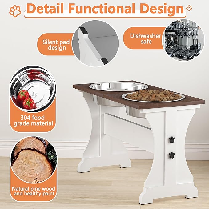 Piskyet Elevated Dog Bowls,Farmhouse Dog Bowls Stand, Raised Dog Bowl with 2 Stainless Steel Wooden Dogs Bowls 9 Cups 13.8''H_80 oz Bowl-Farmhouse Style