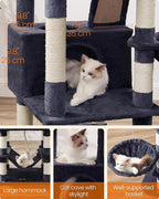 Feandrea Cat Tree, 66.1-Inch Large Cat Tower, Multi-Level Plush Condo with 13 Scratching Posts, 2 Perches, 2 Caves, Basket, Hammock, Pompoms, Smoky Gray UPCT165G01