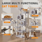 71in Extra Large Cat Tree Tower, Multi-Level Tall Cat Tower with Scratching Post/Hammock/Plush Condo/Pompoms/Wide Base, Heavy Duty Cats Tree for 20lb+ Large Adult Cats/Kittens, Light Grey