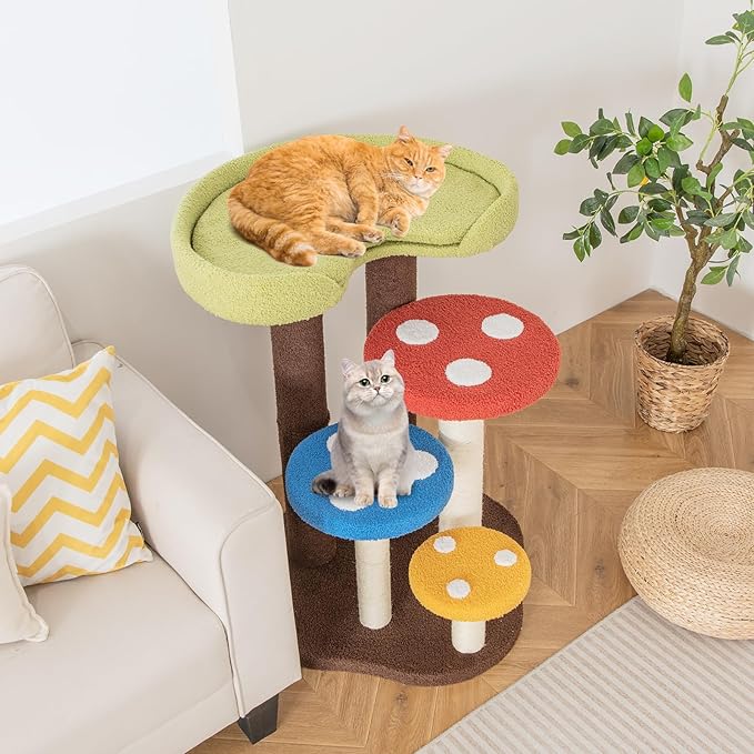 Giantex Cute Cat Tree - 37 Inches Mushroom Cat Tower with 3 Full-Wrapped Sisal Scratching Post, Padded Top Perch, Washable Mat, Multi-Level Cat Activity Tree for Indoor Cats Kitten
