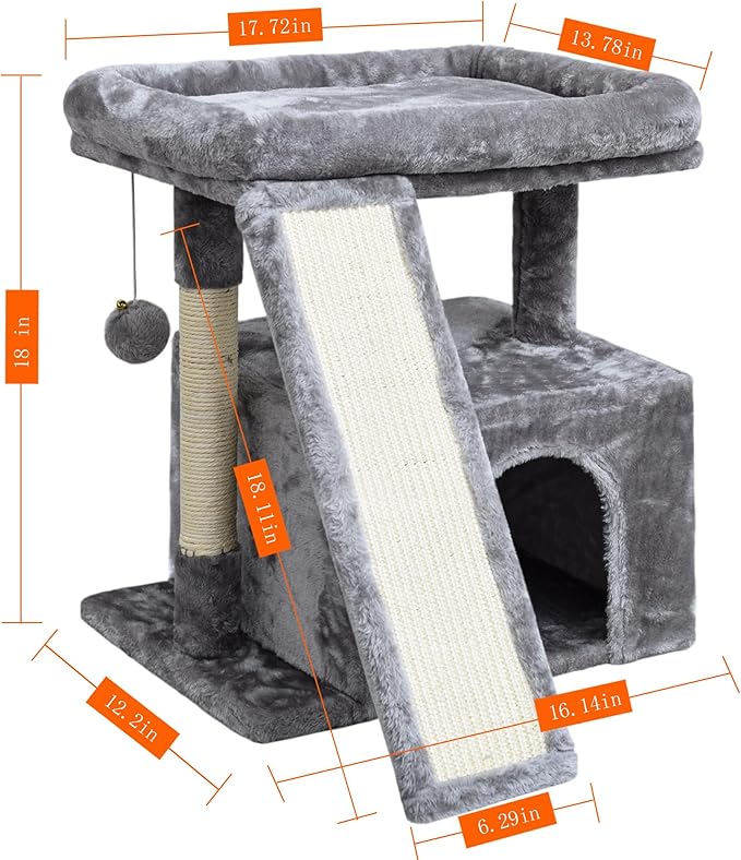 Small Cat Tree for Indoor Cats，Cat Tower with Scratching Post and Board，Cat House with Perch for Kitten, Stable Condo and Stand (Light Grey)