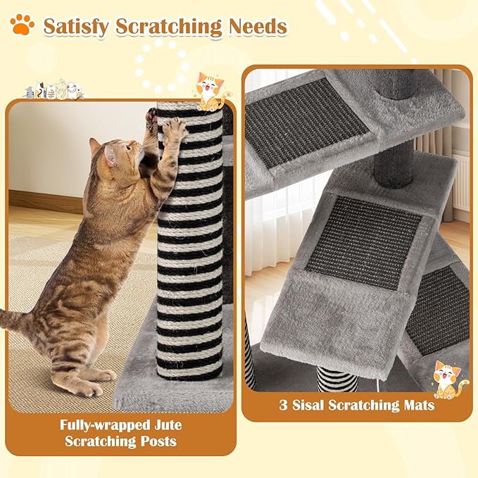 PETSITE 37-inch Small Cat Tree for Elder Cats, Modern Cat Tree Tower with Sisal Scratching Posts, Interactive Hanging Balls, Spring Ball, and Multiple Jumping Platforms with Sisal Scratching Boards
