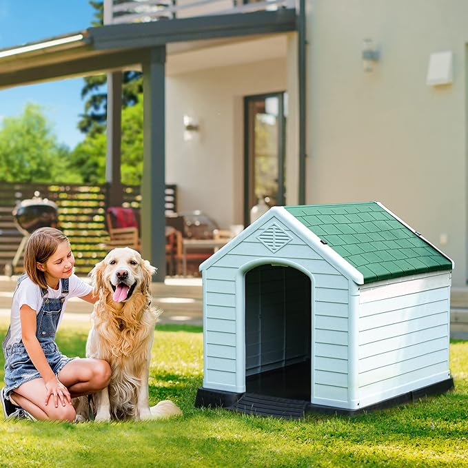 DWVO Large Outdoor Dog House, Plastic Doghouse with Air Vents and Ground Nails, Insulated Puppy Shelter for Small Medium Dogs (41''L x 38''W x 39''H, Green)