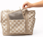 Cleverpup Transit Tote Dog Carrier for Small Dogs up to 8 lbs, 16x11x8 Soft-Sided 4-Pc Set with Waterproof Base, Plush Insert, Food Pouch, Mesh Head Opening - Small, Checkerboard