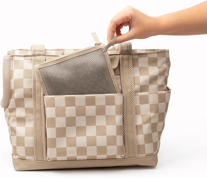 Cleverpup Transit Tote Dog Carrier for Small Dogs up to 8 lbs, 16x11x8 Soft-Sided 4-Pc Set with Waterproof Base, Plush Insert, Food Pouch, Mesh Head Opening - Small, Checkerboard