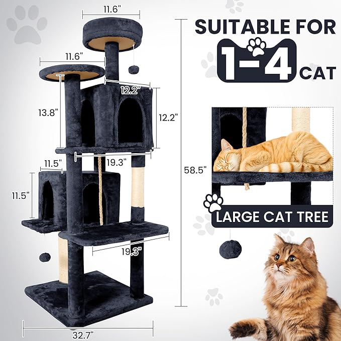 58.5inch Large Cat Tree Tower Condo for Indoor Cats, Soft Plush Multi-Level Climbing Tree Cat House with 1 360° Rotating Cat Cave, Scratching Post, More Entrance/Exit, Sisal Rope, Smoke Gray