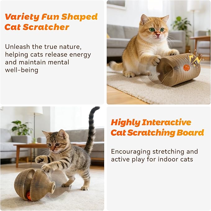 Magic Organ Cat Scratcher, Kitty Kurlz Cat Toys Cardboard Cat Scratching Board, Interactive Cat Toys for Indoor Cats, Mental Physical Exercise Cat Toys with Bell Ball