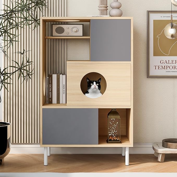 Cat Tree Bookcase with Door, Multifunctional Cabinet with Cats House, Metal Legs, Modern 3-Tier Storage Play Area, Natural Cat Tree Shelves, Indoor Pet Furniture