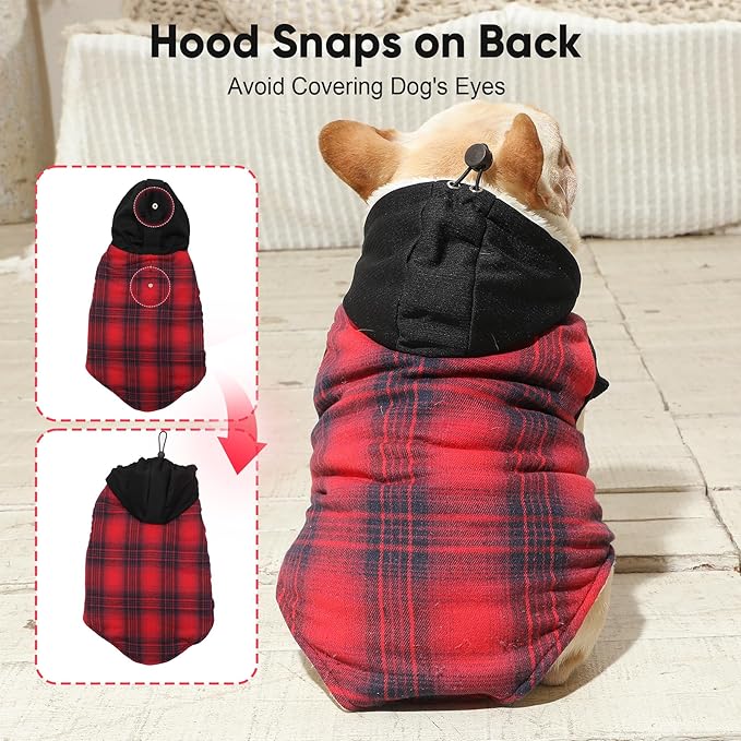 Fleece Lining Dog Hoodie for Small Dogs Extra Warm Plaid Sweater with Drawstring Hooded Coats in Winter Puppy Jacket,Red S