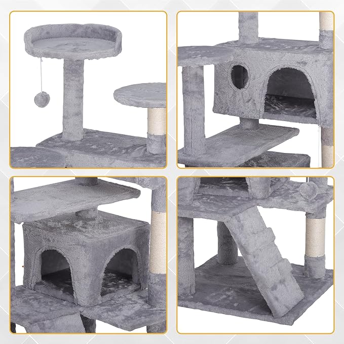 55 inches Heavy Duty Multi-Level Cat Tree Tower with Condo Furniture & Scratching Posts for Kittens Play Rest (Light Grey)
