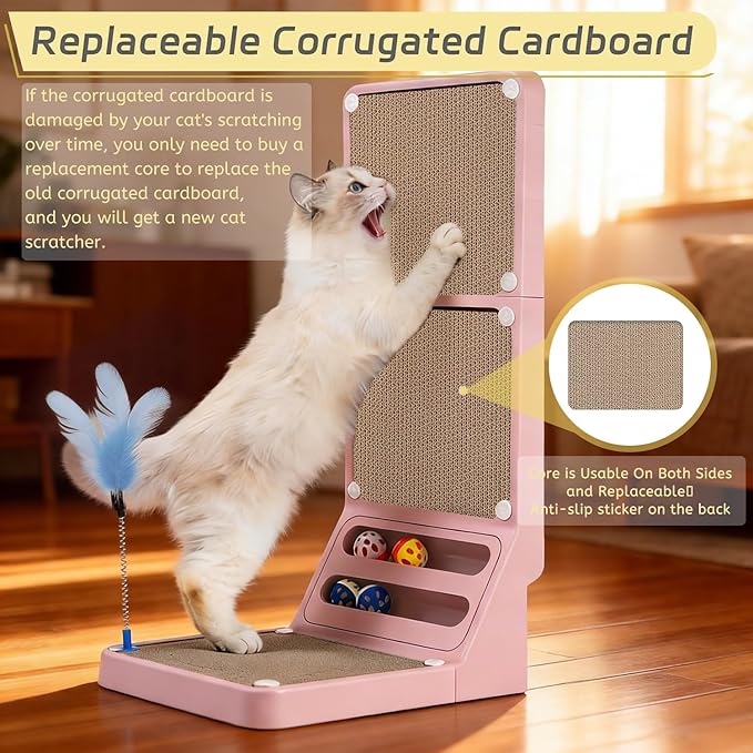 Cat Scratcher Cat Scratch Pad L Shape Wall Mounted Dual Use (Vert/Horiz) Kitten Bunifa Scratching Card Board Vertical Post with Ball Toys Feathers,Protecting Furniture Core is Replaceable Large Pink