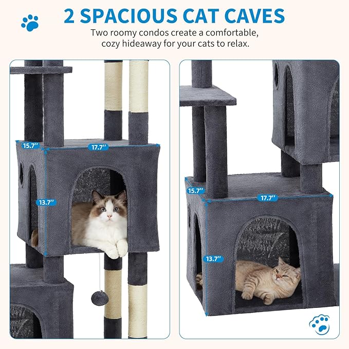 61" Multi-Level Cat Tree Tower for Large Indoor Cats & Maine Coons – Jumbo Perch, 2 Spacious Condos, Durable Sisal Scratching Posts, Play Toys, Stable Modern Cat Playground - Dark Gray