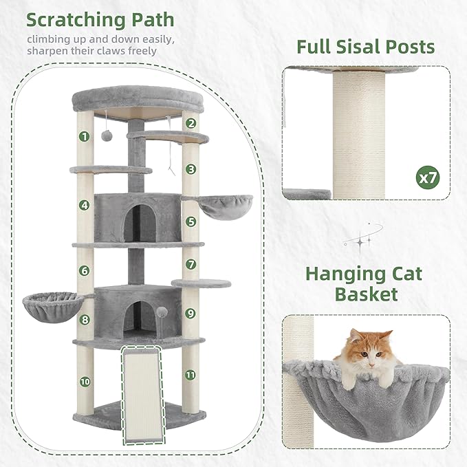 Corner Cat Tree for Indoor Cats, Cat Tower with All Sisal Scratching Posts, Multi-Level Cat Condo wth 2 Large Cat Caves, Big Top Perch, 2 Hanging Baskets, Sisal Ramp, Light Gray GCT035W