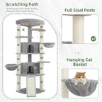 Corner Cat Tree for Indoor Cats, Cat Tower with All Sisal Scratching Posts, Multi-Level Cat Condo wth 2 Large Cat Caves, Big Top Perch, 2 Hanging Baskets, Sisal Ramp, Light Gray GCT035W