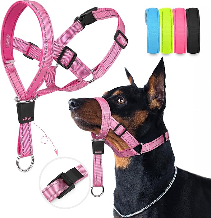 Weesiber No-Pull Dog Head Halter - Adjustable Dog Muzzle Leash, Padded Head Collar for Dogs to Prevent Heavy Pulling On The Leash(Pink,L)