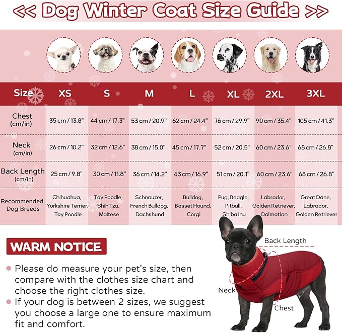 BRKURLEG Dog Winter Coat with Harness Built in, Warm Jacket for Small Medium and Large Dogs, Windproof Turtleneck Fleece Dogs Snowsuit with Hook & Loop, Reflective Christmas Dog Jacket, Red L