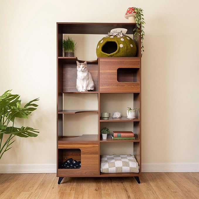 4 Cats & Dogs Clifford Cat Tree Bookshelf – Modern Pet Condo with Climbable Shelves, Multi-Level Tower, Indoor Dog Furniture, Space-Saving Bookshelf & Pet Nooks, 69”H x 36”L x 15”D (Walnut)