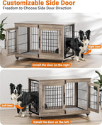 Dog Crate Furniture with Cushion Set of 2, Large Wooden Dog Kennel Indoor with Double Doors, Dog Cage with Wheels, Dog House Side End Table for Large Medium Dogs up to 70 lb, 38.5” L, Grey