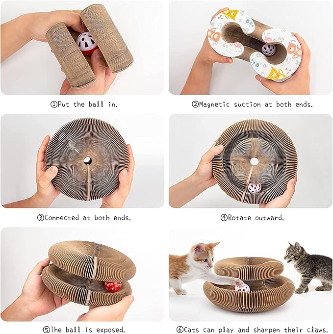 Magic Organ Cat Scratcher Toy - 2 Pack Magnetic Splicing Cardboard Cat Scratching Board with Bell Ball, Foldable Accordion Toy for Indoor Cats, Large Tunnel/Bouncy Ring Shape