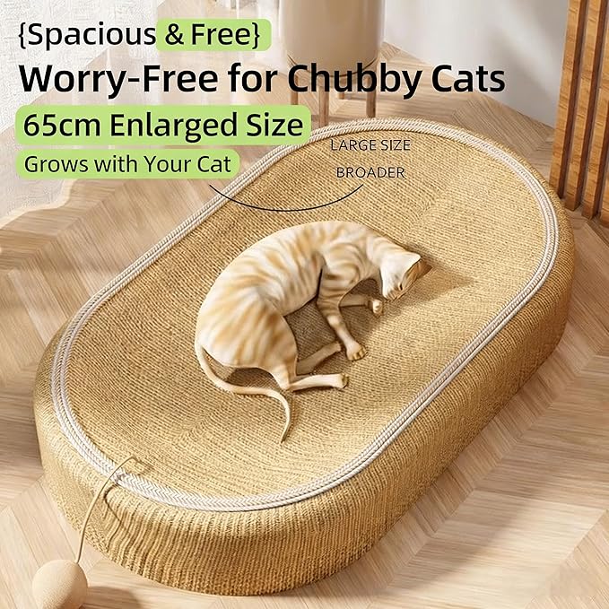 Cat Scratching Post and Cat Mat - 24 Inch Durable Sisal Rope with Interactive Ball, 3-in-1 Cat Scratcher Cardboard Bed for Indoor Cats to Play, Round-Oval Rest and Scratch (Ear Style)
