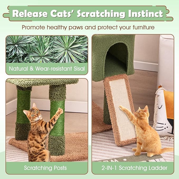 PETSITE 63 inch Cactus Cat Tree Tower, Multi-Level Cat Tower with Sisal Scratching Posts, Sisal Ladder, Hanging Balls, Cat Condos and Side Basket Bed, Cute Cat Tree for Indoor Cats