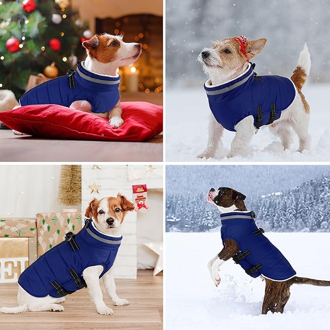 Dogcheer Dog Coat, Waterproof Dog Jacket with Harness, Reflective Adjustable Puppy Winter Coat with Zipper, Christmas Snow Jacket Clothes for Small Medium Large Dogs - Blue XS