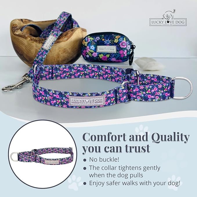 Lucky Love Dog Martingale Dog Collar - Adjustable, No-Slip, Durable, & Soft Webbing Collar for Male and Female Dogs Ideal for Training & Walking - Primrose, Small