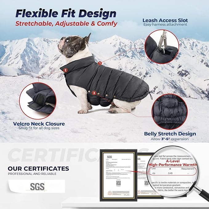 SPACE LION Dog Puffer Jacket, Down Winter Coat, Durable Outdoor Coat for Cold and Windy Conditions, Lightweight & Adjustable Fit Coats for Small Dogs, (Black, Size10/S)