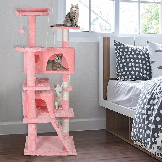 53 inches Heavy Duty Multi-Level Cat Tree Tower with Condo Furniture & Scratching Posts for Kittens Play Rest (Pink)