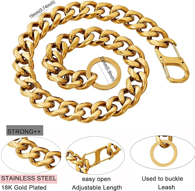 Adjustable Stainless Steel 19MM Gold Plated Dog Titan Collar Necklace Training Walking Metal Dog Duty Chew Proof for Small Medium Large Dogs American Pitbull German Shepherd (19MM*26inch, Gold)