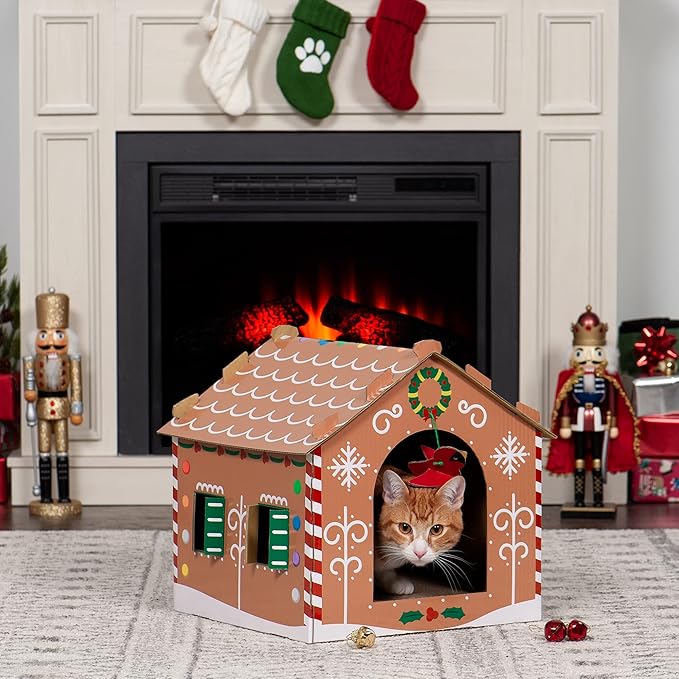 Furhaven Cardboard Cat House w/ Catnip for Indoor Cats, Ft. Scratching Pad & Hanging Toys - Decorated Gingerbread House Holiday Cat Scratcher Hideout - Christmas Print, One Size