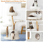 COZIWOW Modern Cat Tree Tower, Cloud Cat Tree with Solid Natural Wood Scratching Post, Luxury Condo & Perches, Aesthetic White Cat Furniture for Indoor Large Cats, 34" L X 17.7" W X 41.7" H