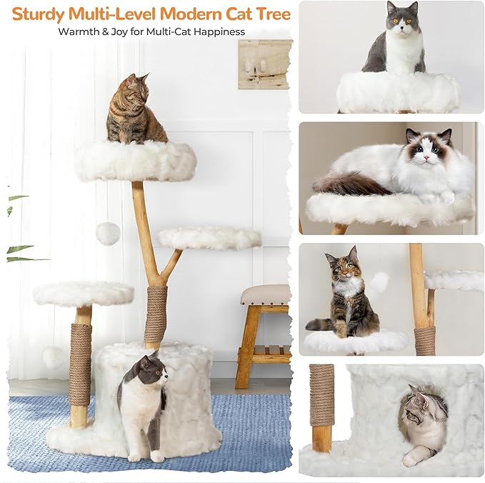 COZIWOW Modern Cat Tree Tower, Cloud Cat Tree with Solid Natural Wood Scratching Post, Luxury Condo & Perches, Aesthetic White Cat Furniture for Indoor Large Cats, 34" L X 17.7" W X 41.7" H