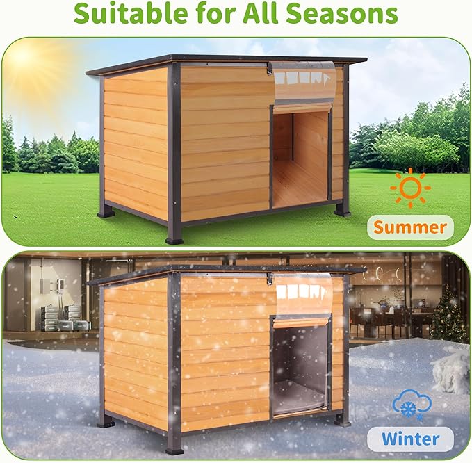 Insulated Dog House Outdoor Weatherproof, Wooden Heated Large Houses with Removable Liner for Winter, Upgrade Anti-Chewing Iron Frame Dog Shelter for Puppies, Cats