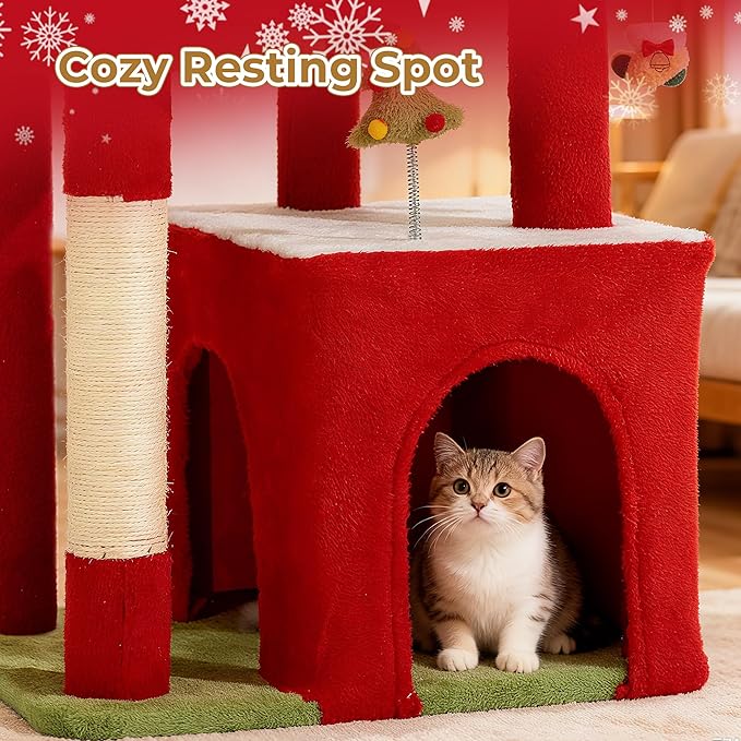 AQUILLA 55.1in Christmas Cat Tree Tower for Indoor Cats, Multi-Level Cat Condo with Sisal Scratching Posts, Cozy Hammock & Top Perches, Red & Green Holiday Pet Play House for Large Cats and Kittens