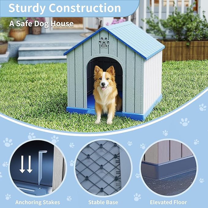 Large Dog House Outdoor Weatherproof，Waterproof Resin Outside Dog House with Elevated Floor and Air Vents, Durable Doghouse for Samll Medium Large Dogs (Light Blue, 38.62"L×36.26"W×38.07"H)