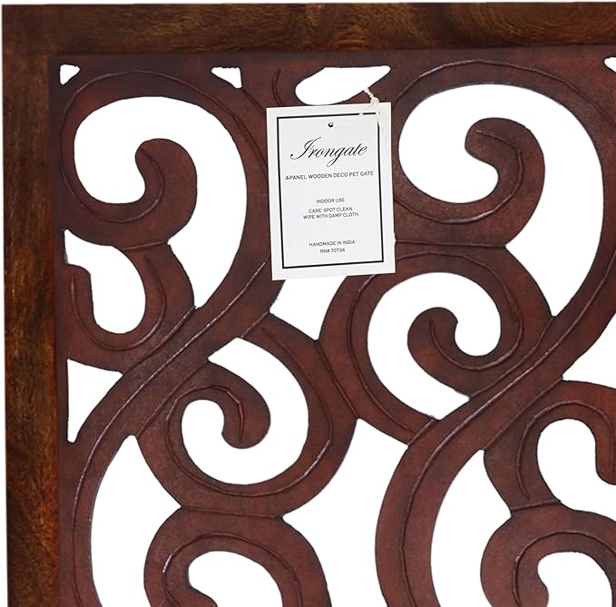 Wooden Foldable Pet Dog Safety Gate - 4 Panels Scroll 20 W x 24 H- Hand Carved Solid Wood & MDF- Free Standing Portable Indoor Doorway Hall Stairs Puppy Fence -Fully Assembled- Antique Brown -IRONGATE